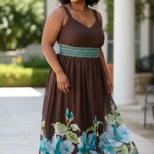 Signature by Robbie Bee Brown and Blue Floral Maxi Dress